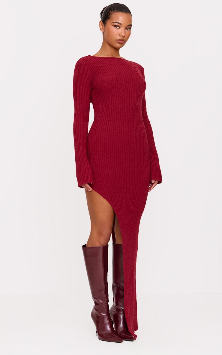Pretty Little Thing Burgundy Rib Knit Low Back Long Sleeve Maxi Dress