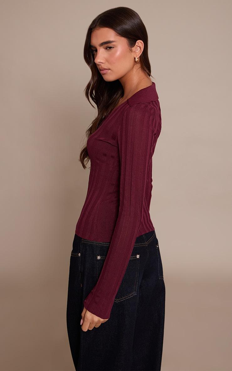 Pretty Little Thing Burgundy Ribbed Sheer Knit Polo Top