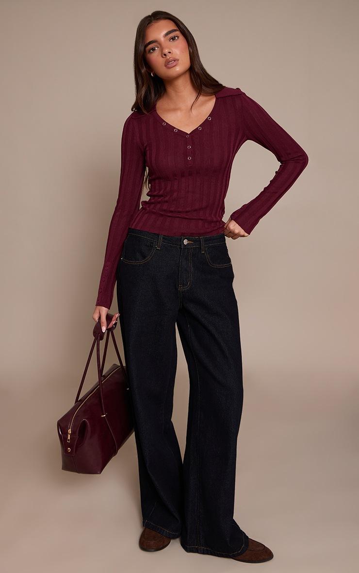 Pretty Little Thing Burgundy Ribbed Sheer Knit Polo Top