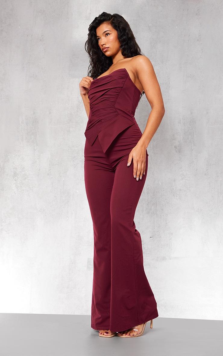 Pretty Little Thing Burgundy Ruch Pointed Corset Bandeau Jumpsuit