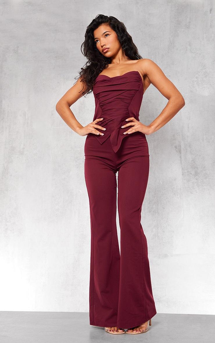 Pretty Little Thing Burgundy Ruch Pointed Corset Bandeau Jumpsuit