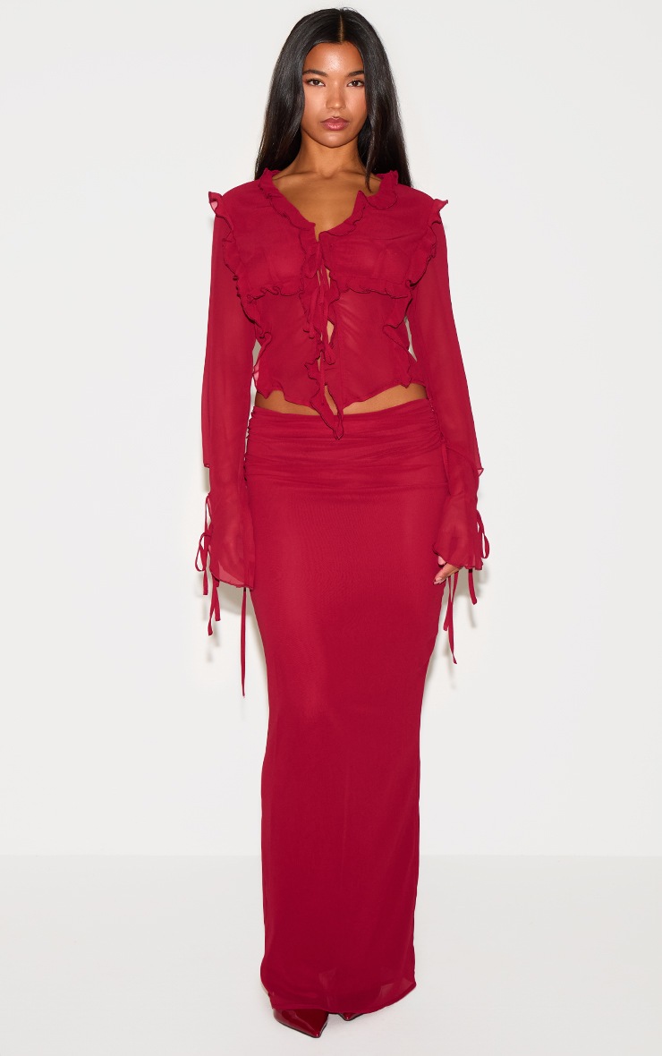 Pretty Little Thing Burgundy Ruched Chiffon Maxi Skirt