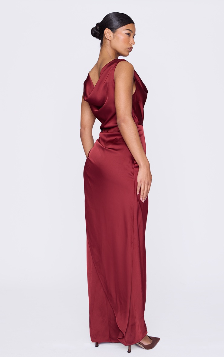 Pretty Little Thing Burgundy Satin Cowl Neck Draped Maxi Dress
