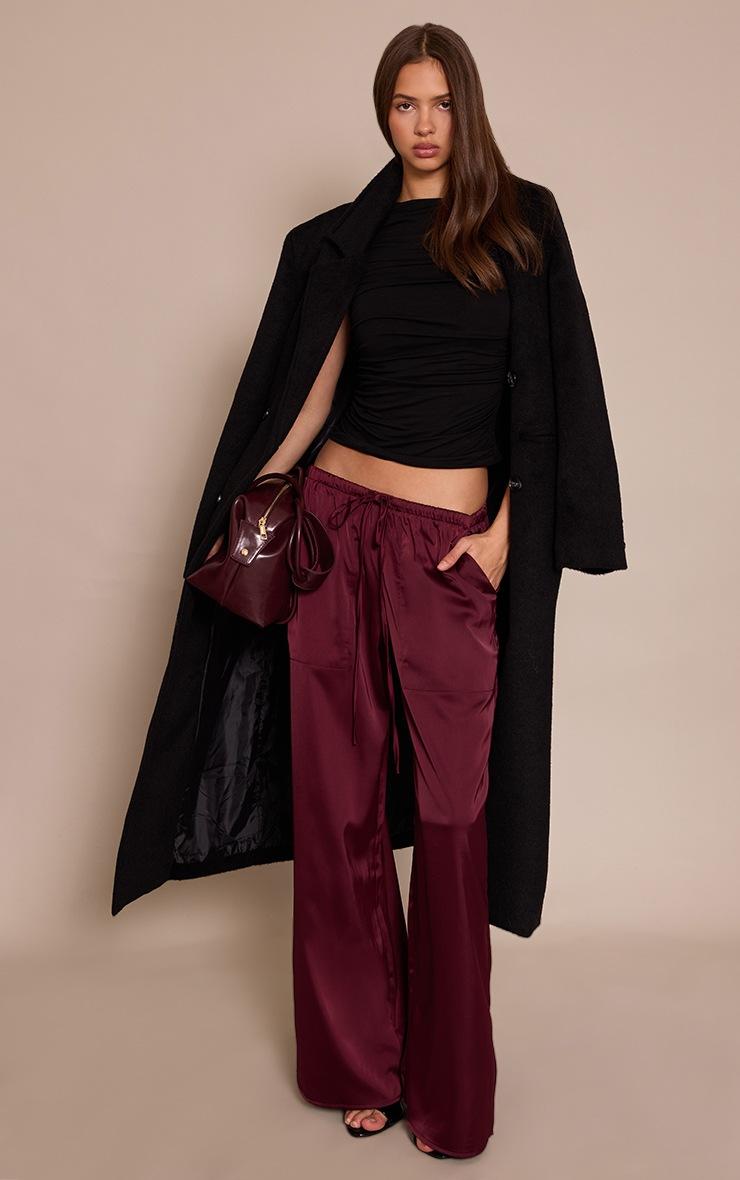 Pretty Little Thing Burgundy Satin Low Rise Wide Leg Drawstring Pants