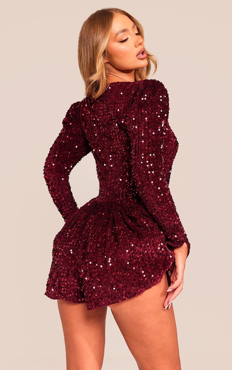 Pretty Little Thing Burgundy Sequin Cup Detail Long Sleeve Skater Romper