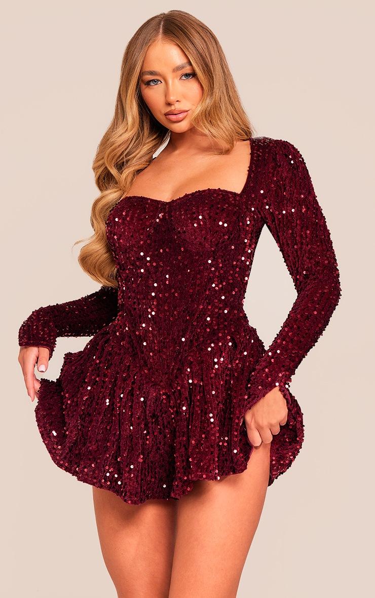 Pretty Little Thing Burgundy Sequin Cup Detail Long Sleeve Skater Romper