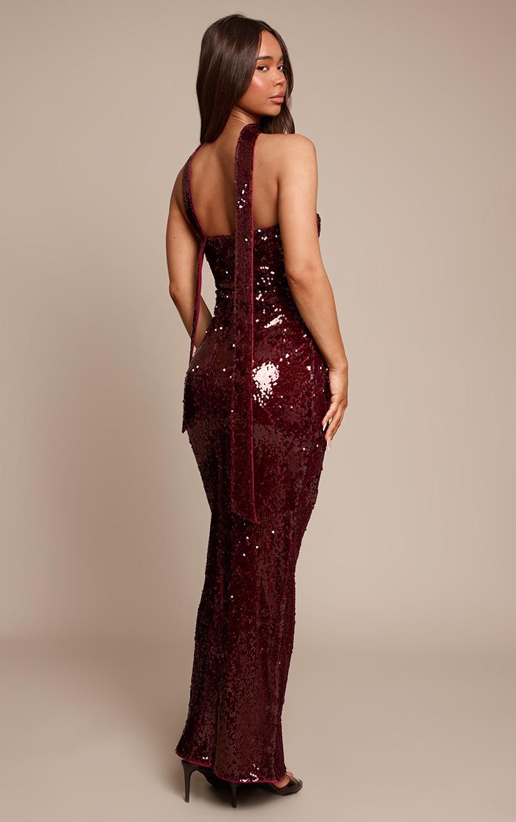 Pretty Little Thing Burgundy Sequin Scarf Detail Bandeau Maxi Dress