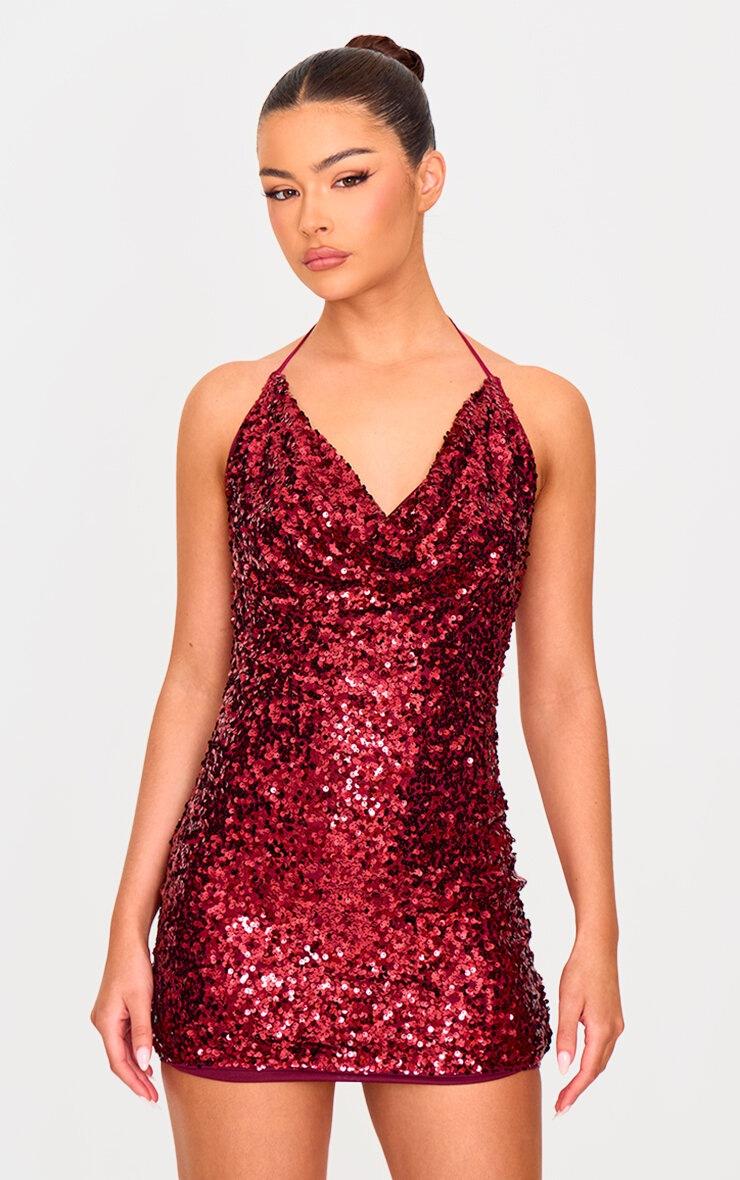 Pretty Little Thing Burgundy Sequin Tie Cowl Halter Neck Bodycon Dress