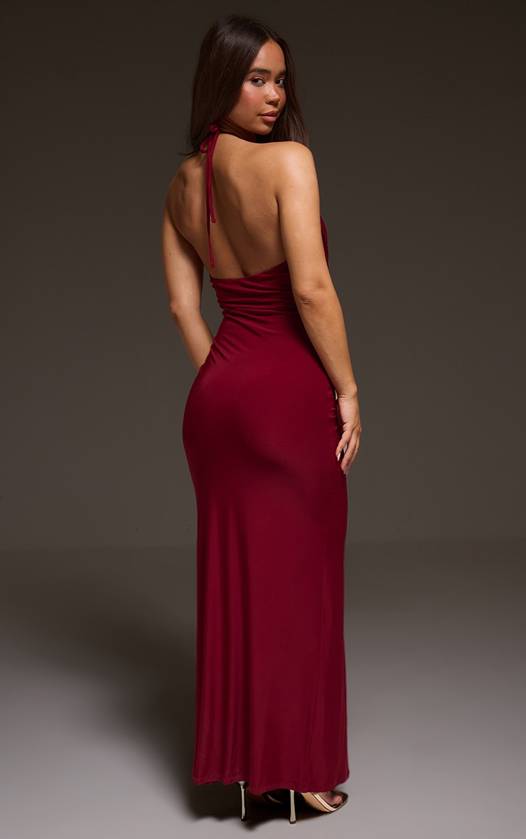 Pretty Little Thing Burgundy Slinky Halterneck Draped Detail Maxi Dress