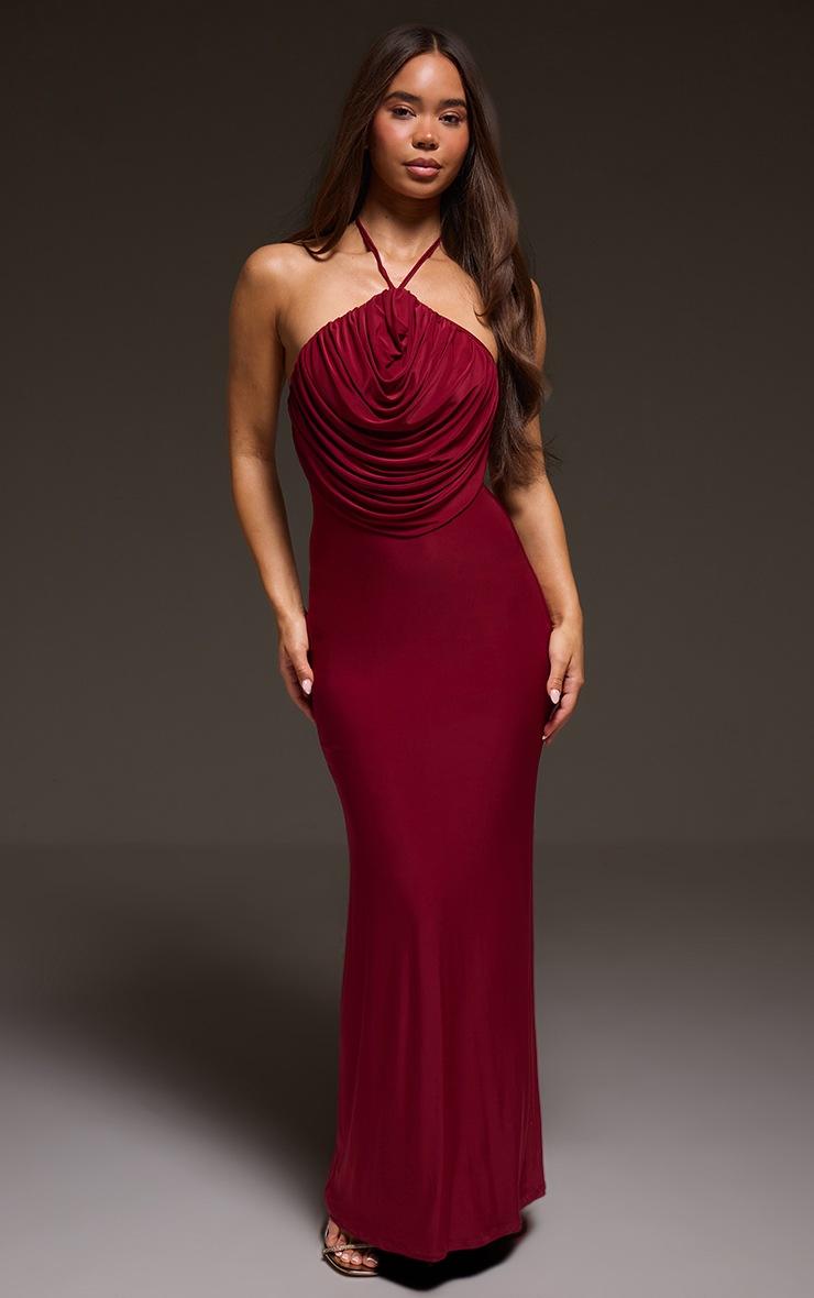 Pretty Little Thing Burgundy Slinky Halterneck Draped Detail Maxi Dress