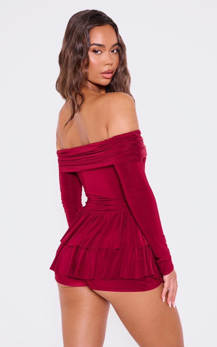 Pretty Little Thing Burgundy Slinky Long Sleeve Bardot Rara Skort Romper