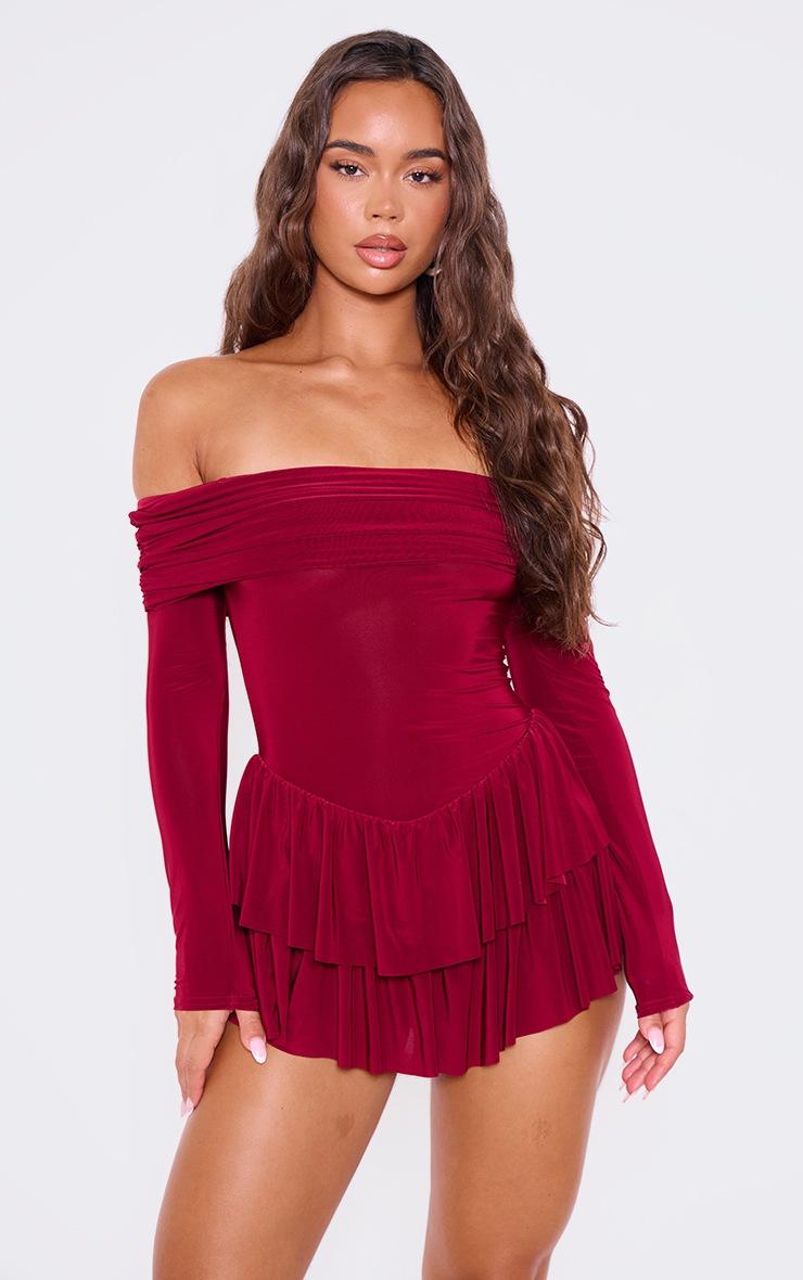 Pretty Little Thing Burgundy Slinky Long Sleeve Bardot Rara Skort Romper