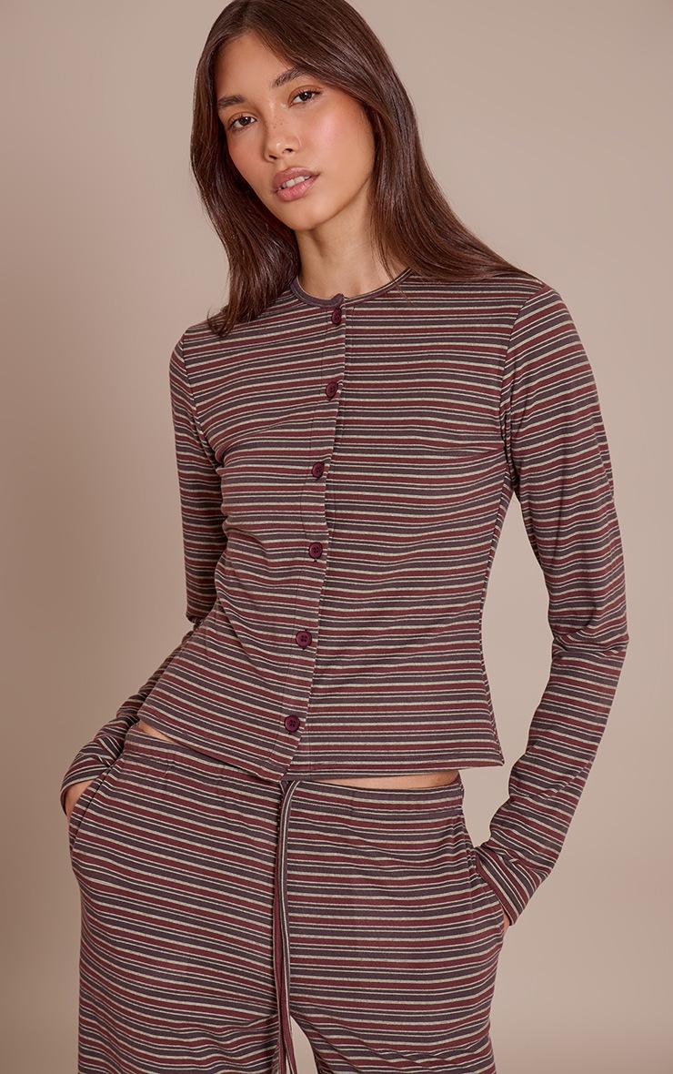 Pretty Little Thing Burgundy Soft Fleece Pinstripe Button Up Top