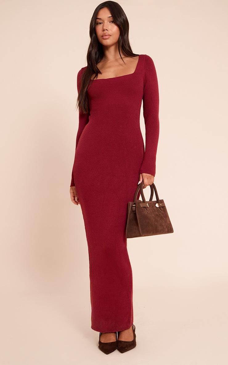 Pretty Little Thing Burgundy Square Neck Knitted Maxi Dress