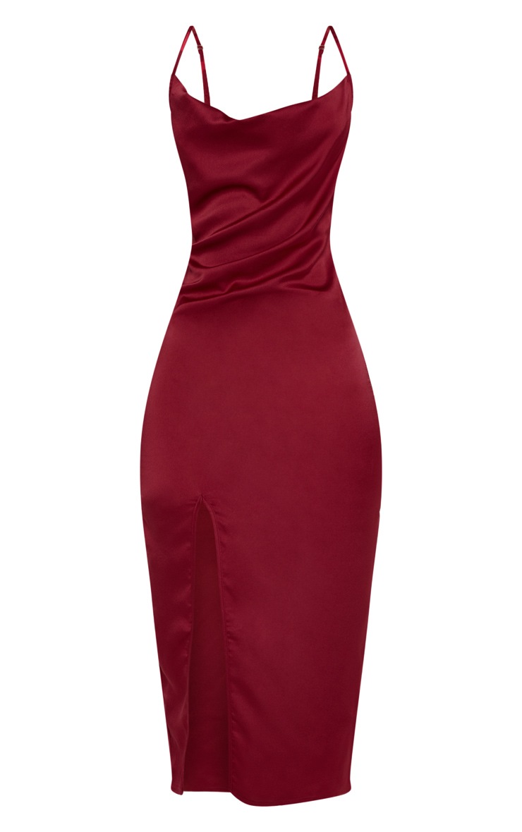Pretty Little Thing Burgundy Strappy Satin Cowl Midi Dress