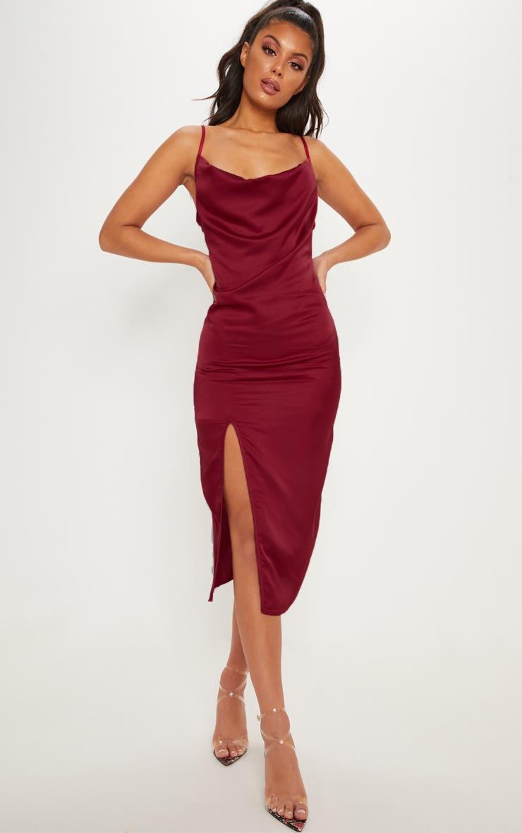 Pretty Little Thing Burgundy Strappy Satin Cowl Midi Dress