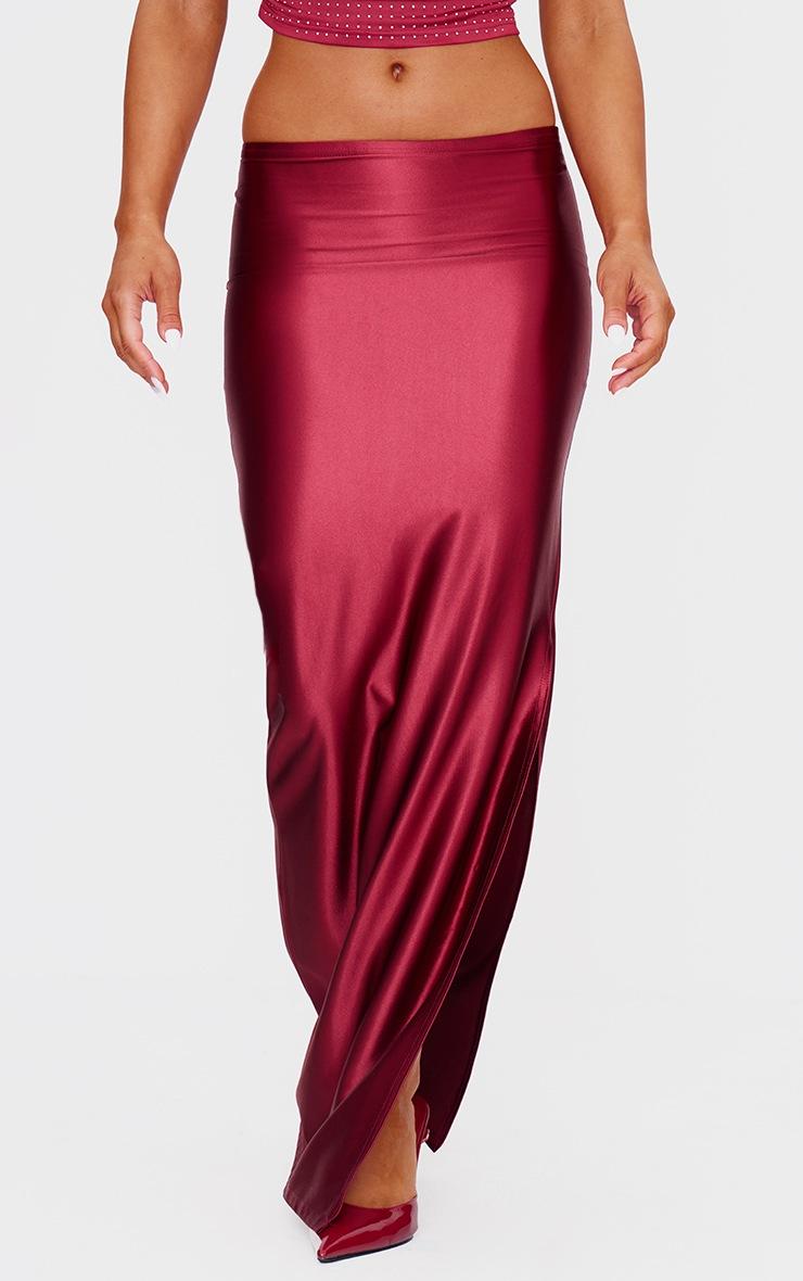 Pretty Little Thing Burgundy Stretch Satin Split Side Maxi Skirt