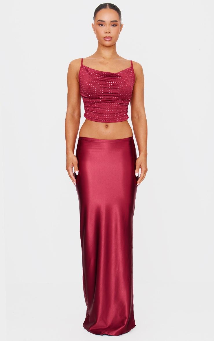 Pretty Little Thing Burgundy Stretch Satin Split Side Maxi Skirt