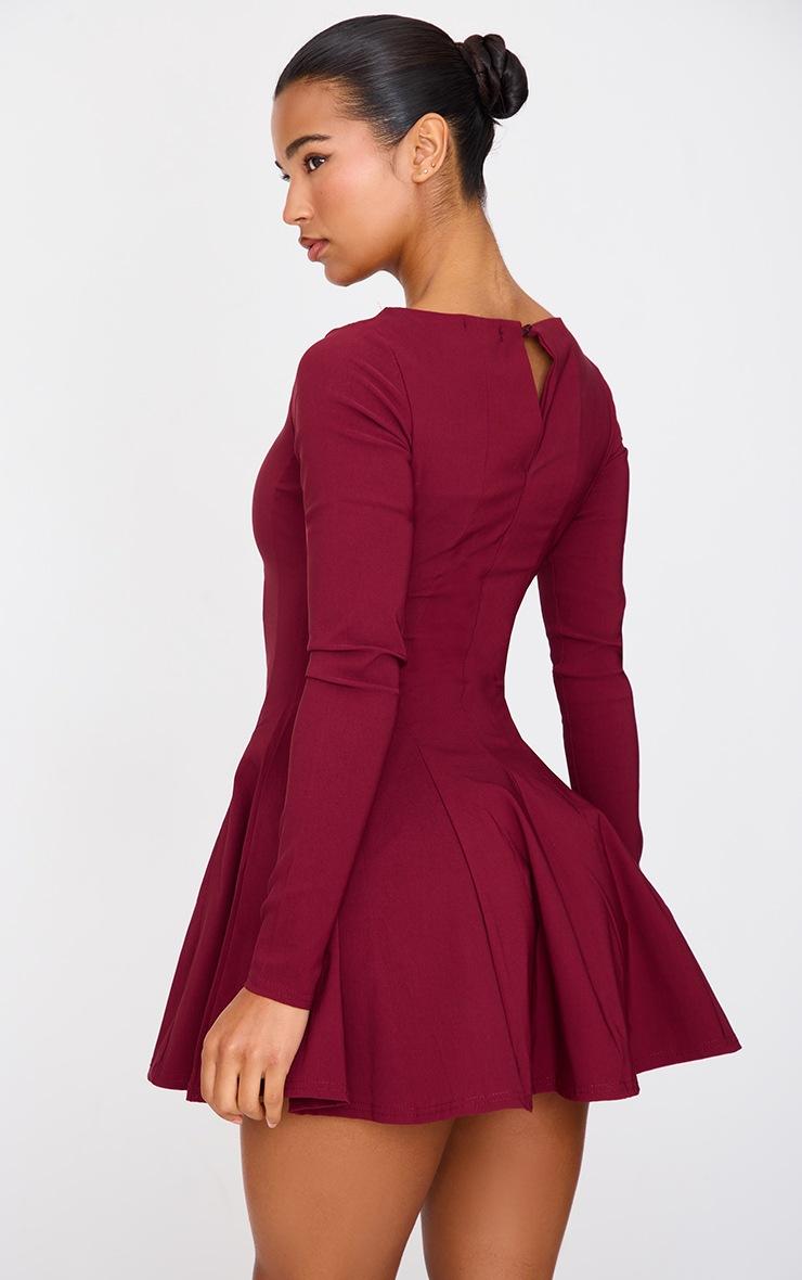 Pretty Little Thing Burgundy Stretch Woven Boat Neck Long Sleeve Pleated Shift Dress
