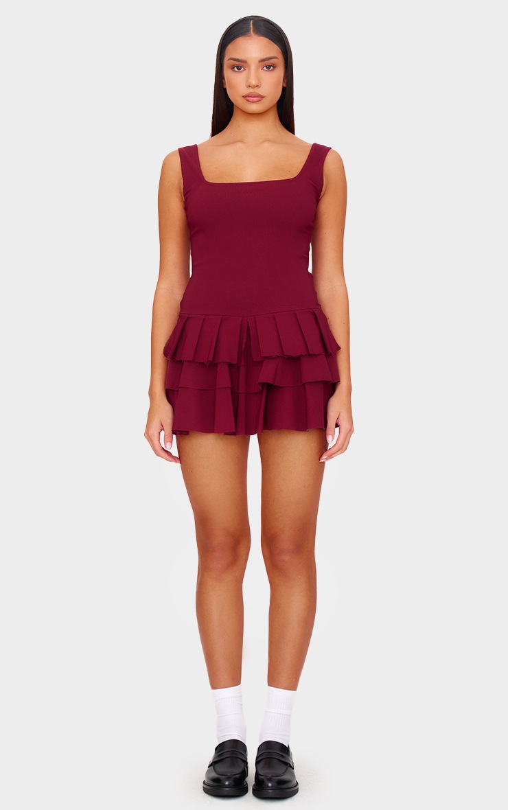 Pretty Little Thing Burgundy Stretch Woven Pleated Skort Romper