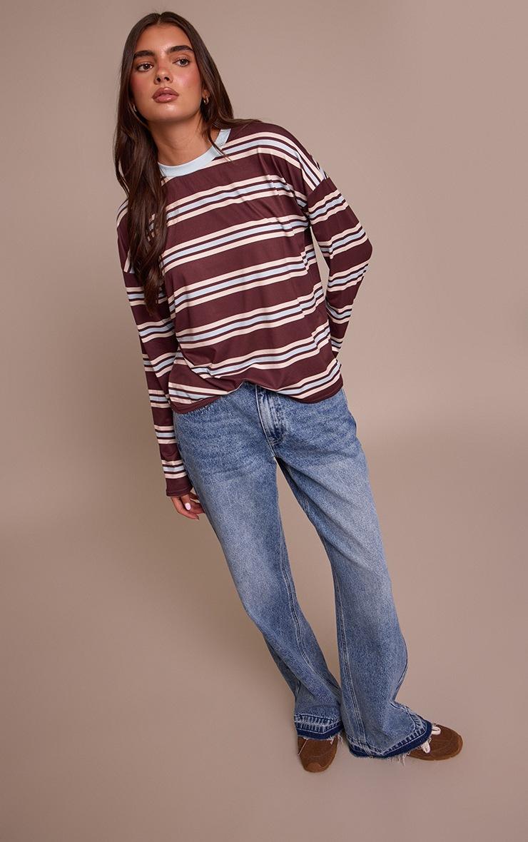 Pretty Little Thing Burgundy Stripe Crew Neck Long Sleeve Top