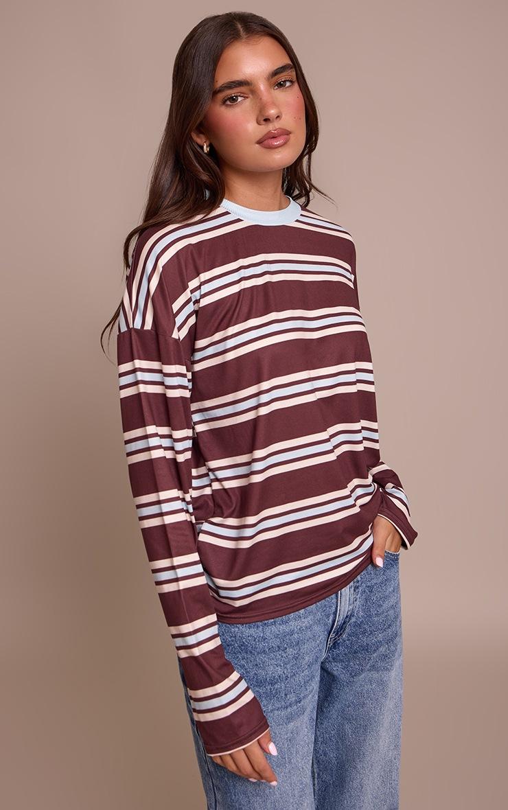 Pretty Little Thing Burgundy Stripe Crew Neck Long Sleeve Top
