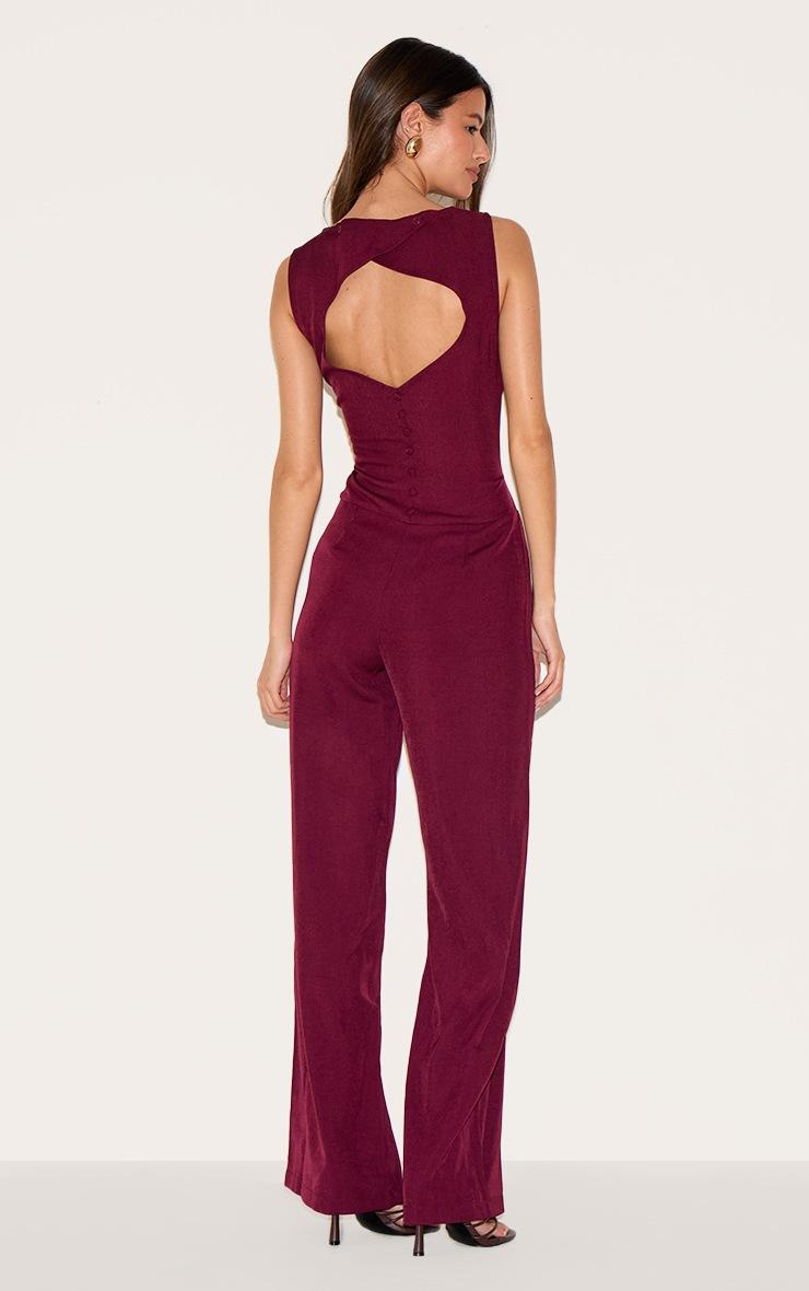 Pretty Little Thing Burgundy Structured Woven Open Back Detail Straight Leg Jumpsuit