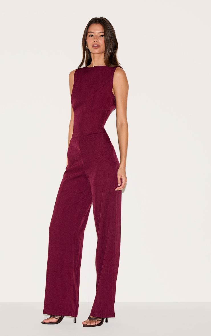 Pretty Little Thing Burgundy Structured Woven Open Back Detail Straight Leg Jumpsuit