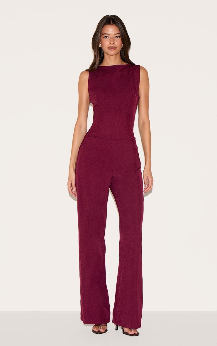 Pretty Little Thing Burgundy Structured Woven Open Back Detail Straight Leg Jumpsuit