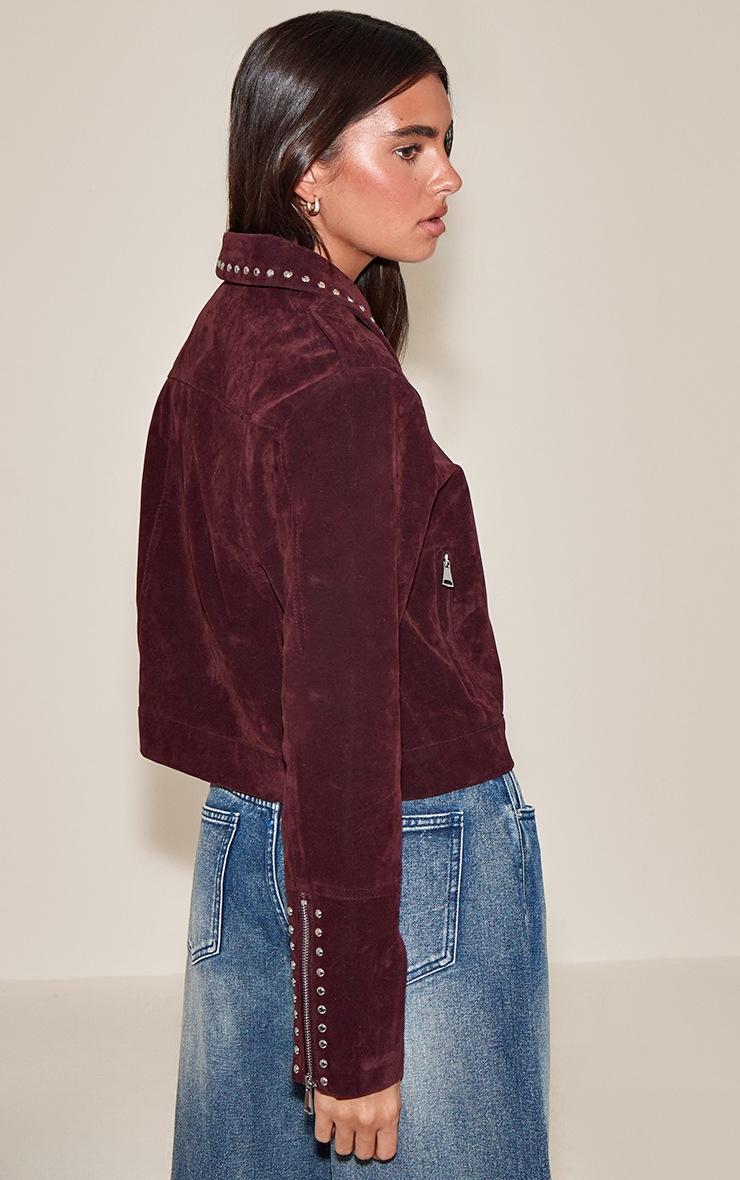Pretty Little Thing Burgundy Studded Detail Faux Suede Zip Up Jacket