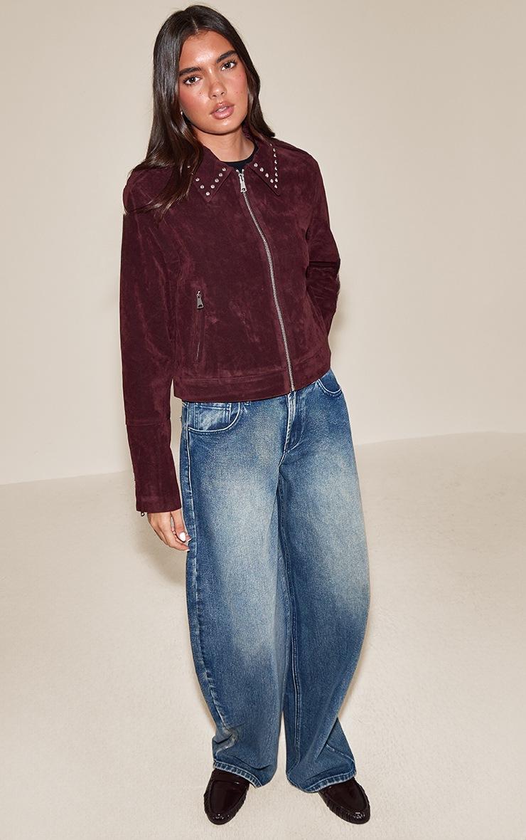 Pretty Little Thing Burgundy Studded Detail Faux Suede Zip Up Jacket