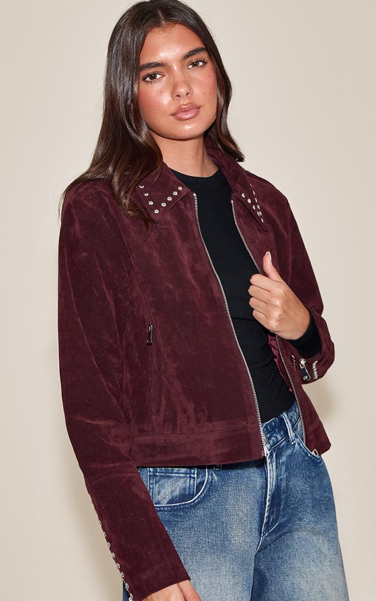 Pretty Little Thing Burgundy Studded Detail Faux Suede Zip Up Jacket