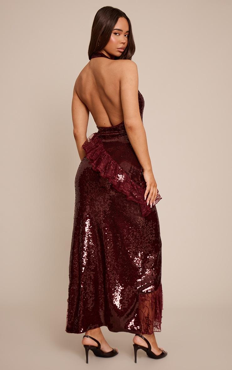Pretty Little Thing Burgundy V Neck Frill Maxi Dress