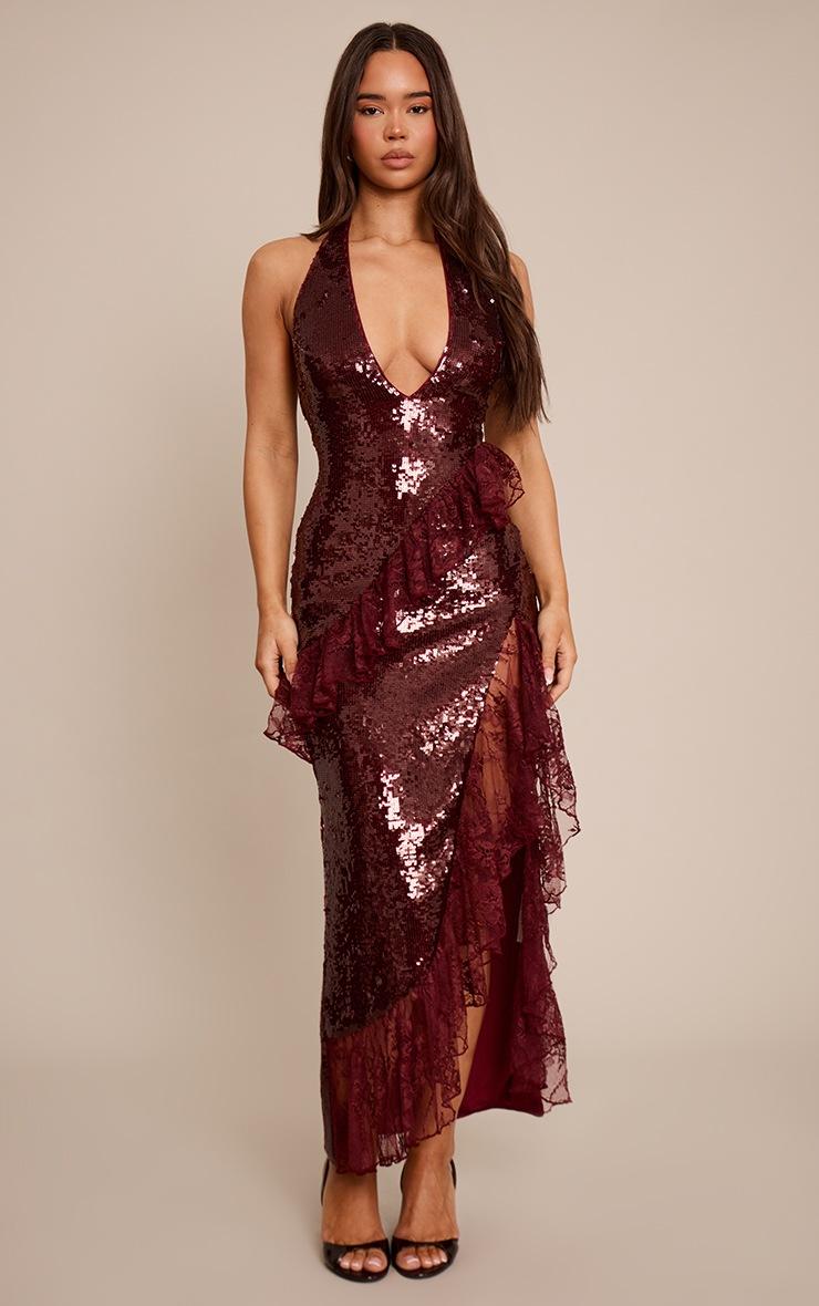 Pretty Little Thing Burgundy V Neck Frill Maxi Dress