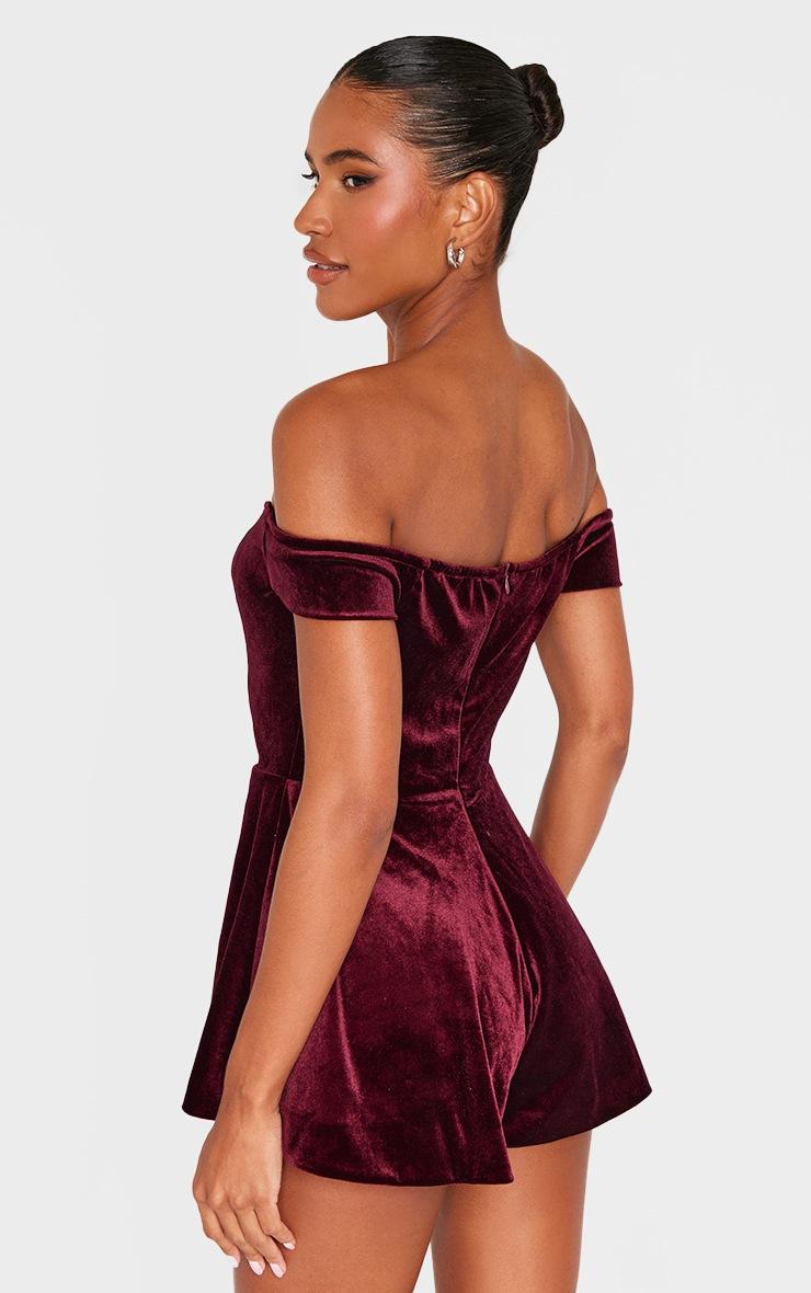 Pretty Little Thing Burgundy Velvet Bardot Sweetheart Neckline Floaty Romper