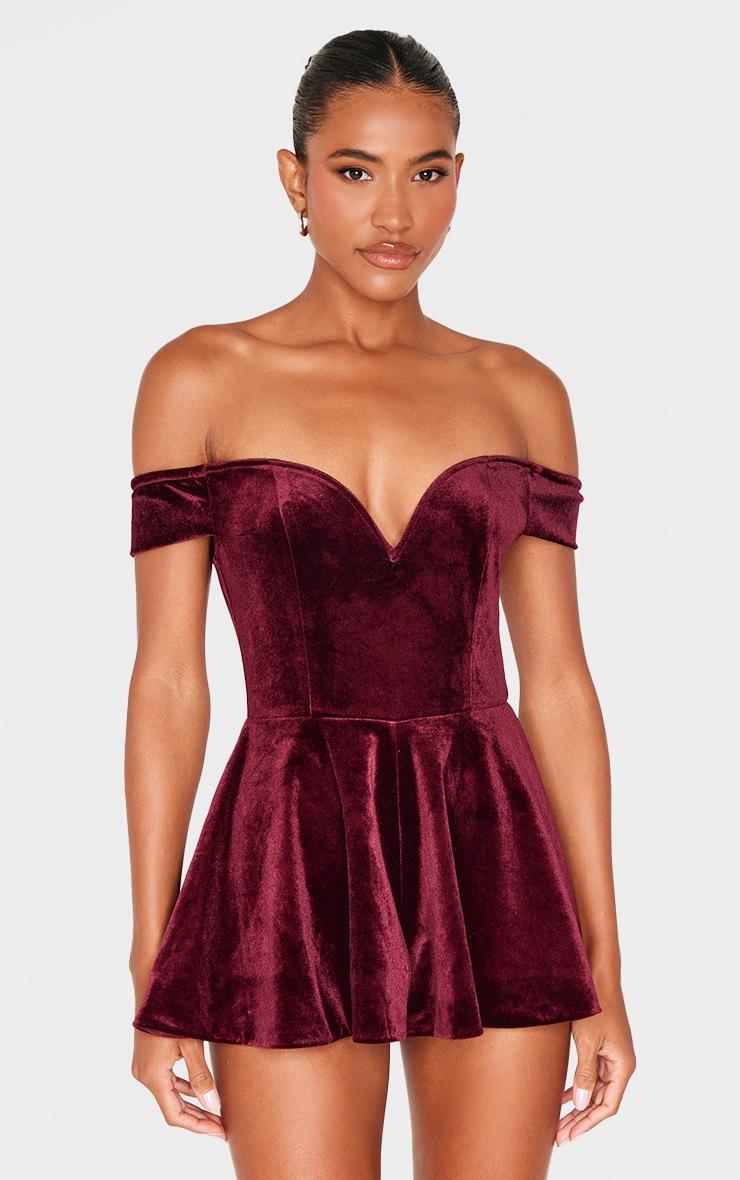 Pretty Little Thing Burgundy Velvet Bardot Sweetheart Neckline Floaty Romper