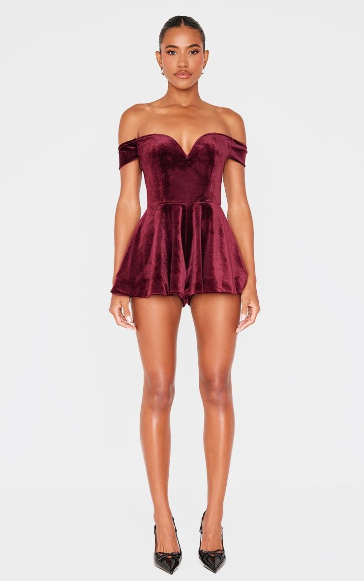 Pretty Little Thing Burgundy Velvet Bardot Sweetheart Neckline Floaty Romper
