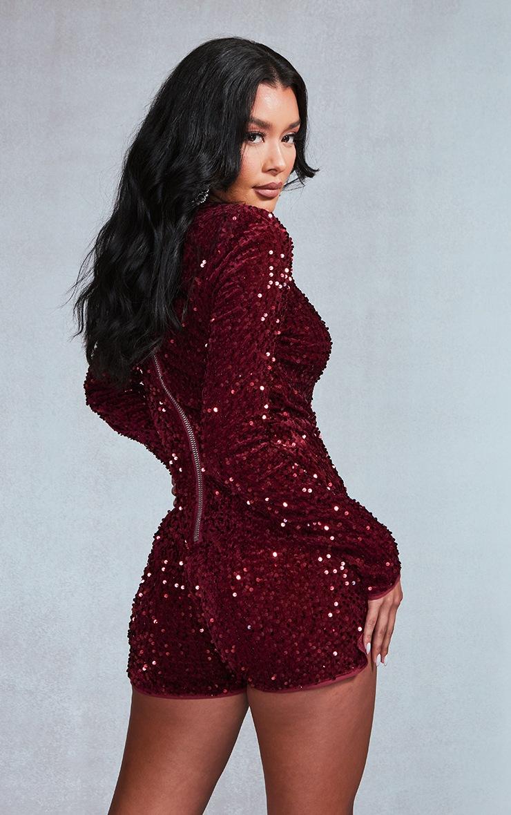 Pretty Little Thing Burgundy Velvet Sequin Plunge Long Sleeve Romper