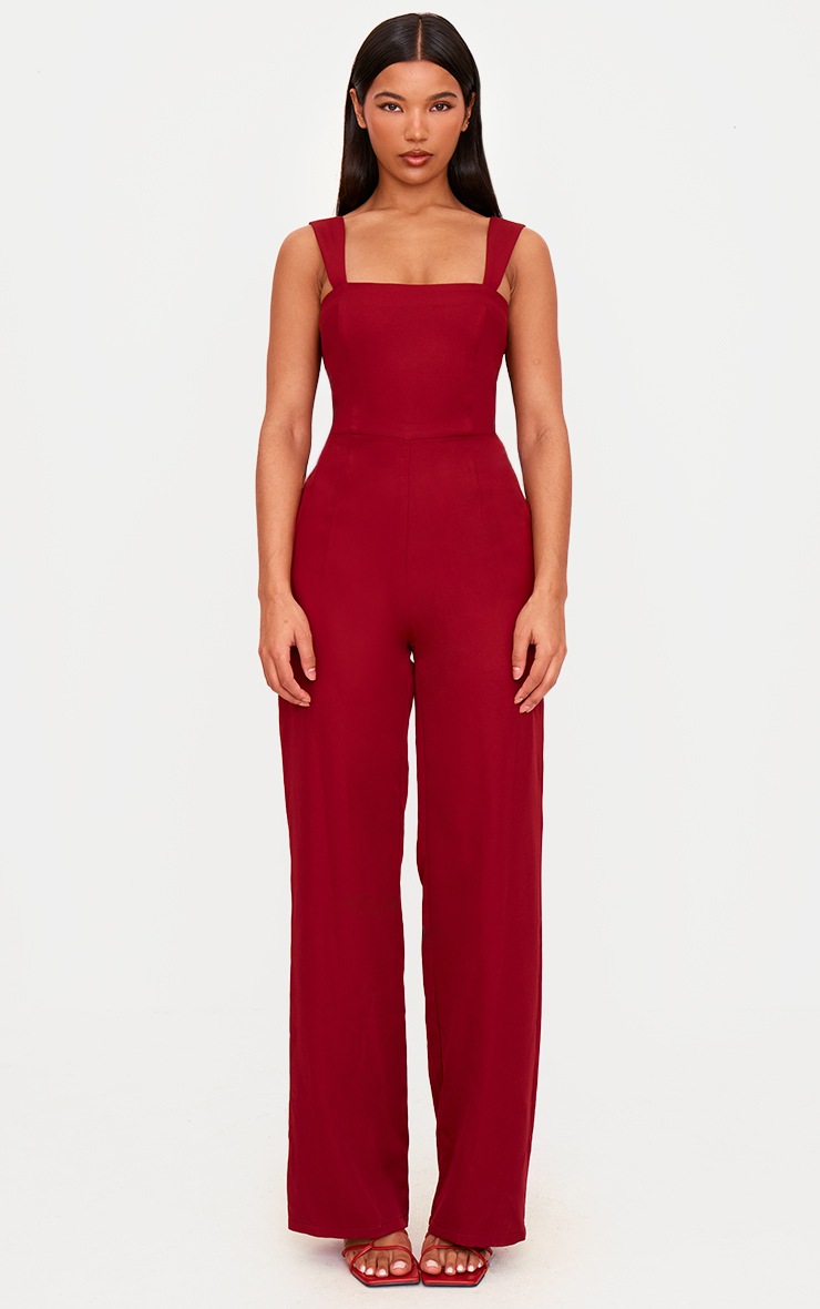Pretty Little Thing Burgundy Woven Cut Out Bow Detail Jumpsuit