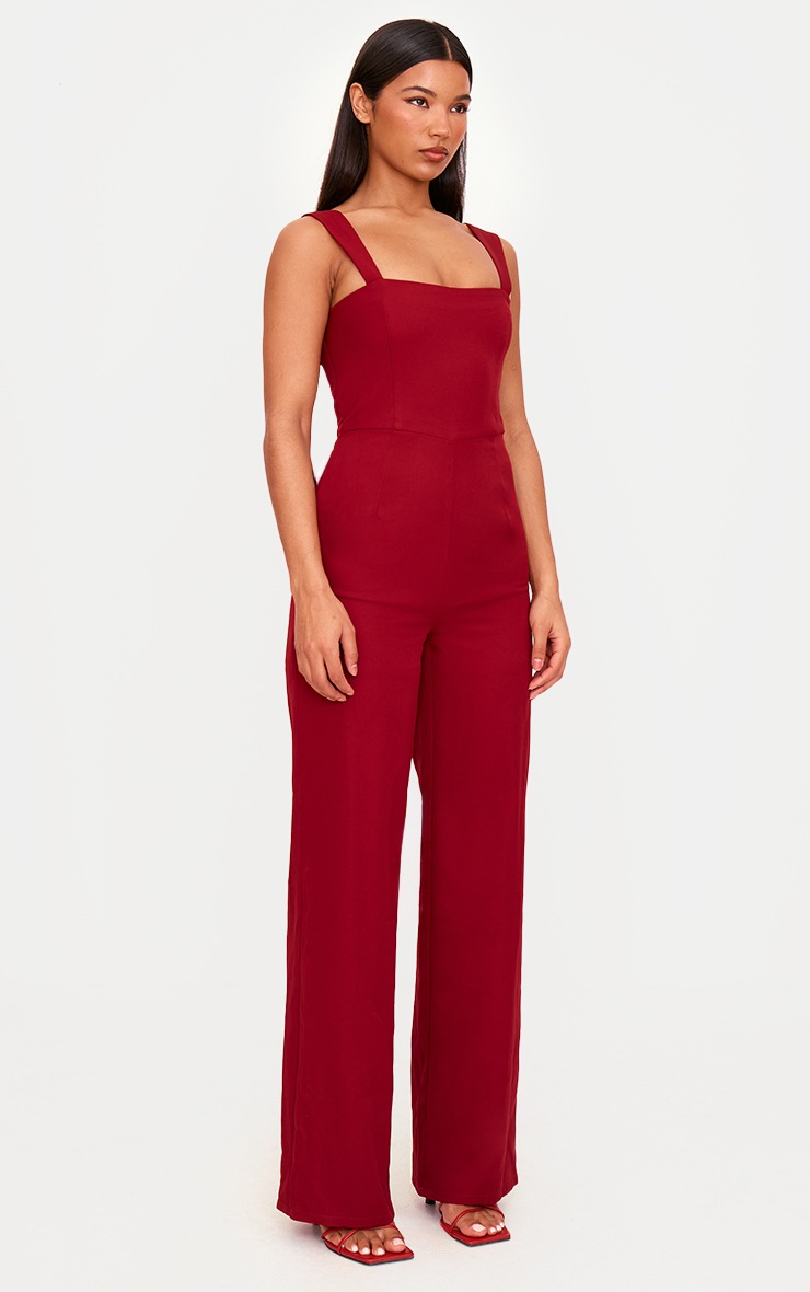Pretty Little Thing Burgundy Woven Cut Out Bow Detail Jumpsuit
