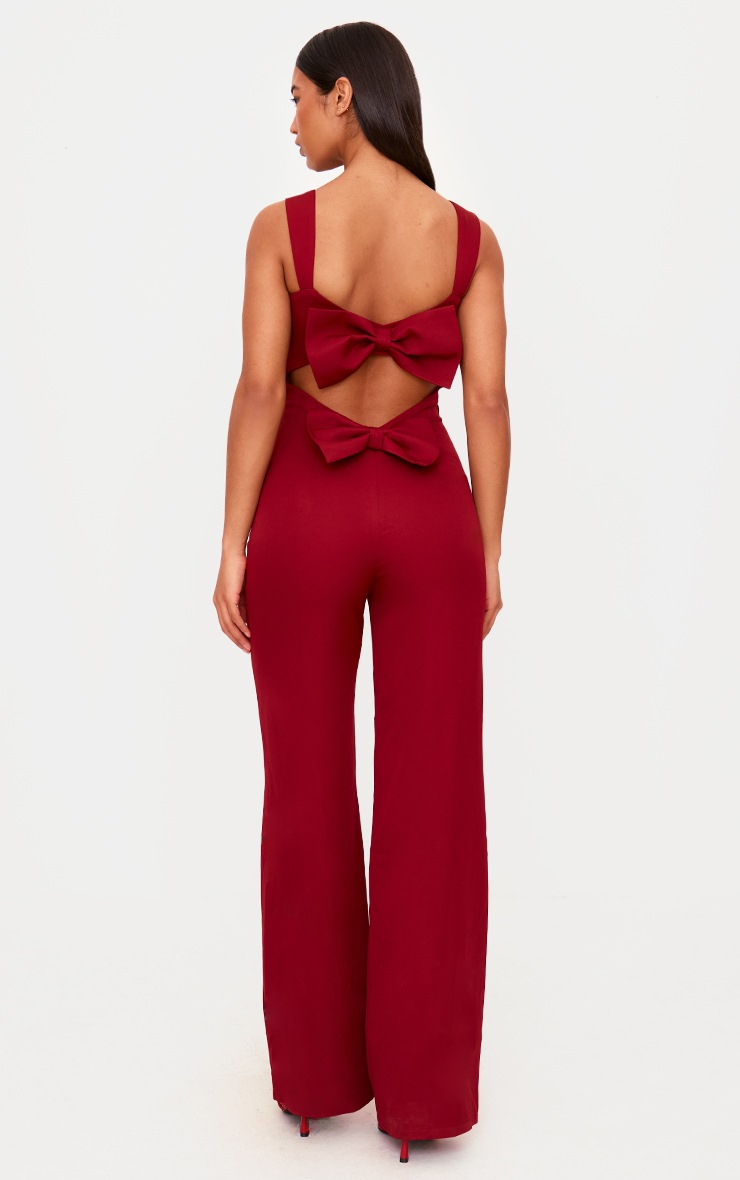Pretty Little Thing Burgundy Woven Cut Out Bow Detail Jumpsuit