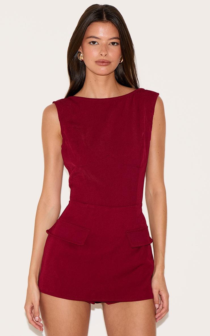 Pretty Little Thing Burgundy Woven Pocket Detail Sleeveless Skort Romper