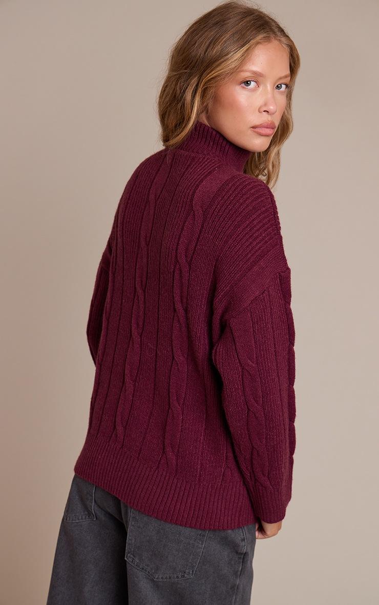 Pretty Little Thing Burgundy Zip Detail Cable Knit Oversized Sweater