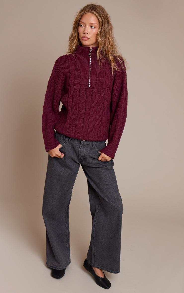 Pretty Little Thing Burgundy Zip Detail Cable Knit Oversized Sweater