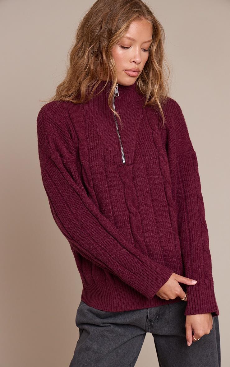 Pretty Little Thing Burgundy Zip Detail Cable Knit Oversized Sweater