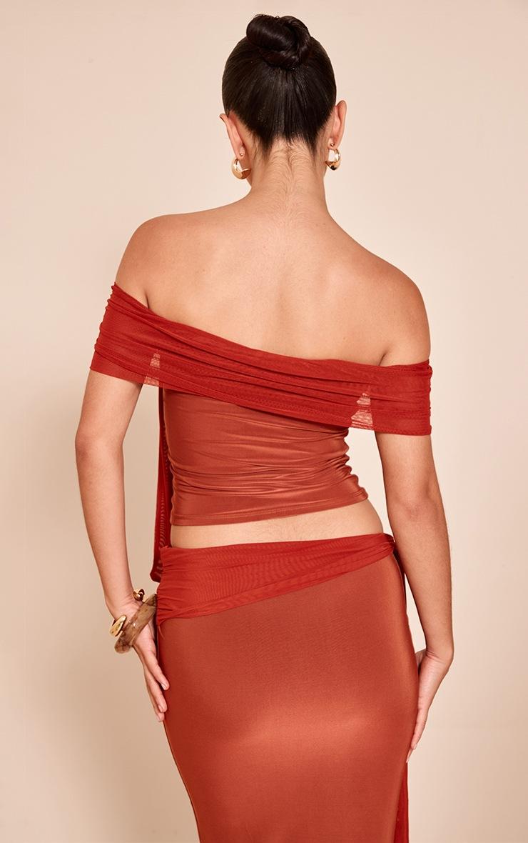 Pretty Little Thing Burnt Orange Double Slinky Knotted Bardot Top