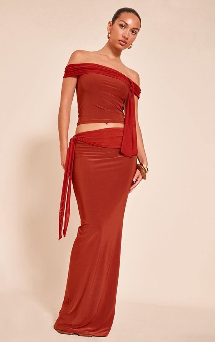 Pretty Little Thing Burnt Orange Double Slinky Knotted Bardot Top