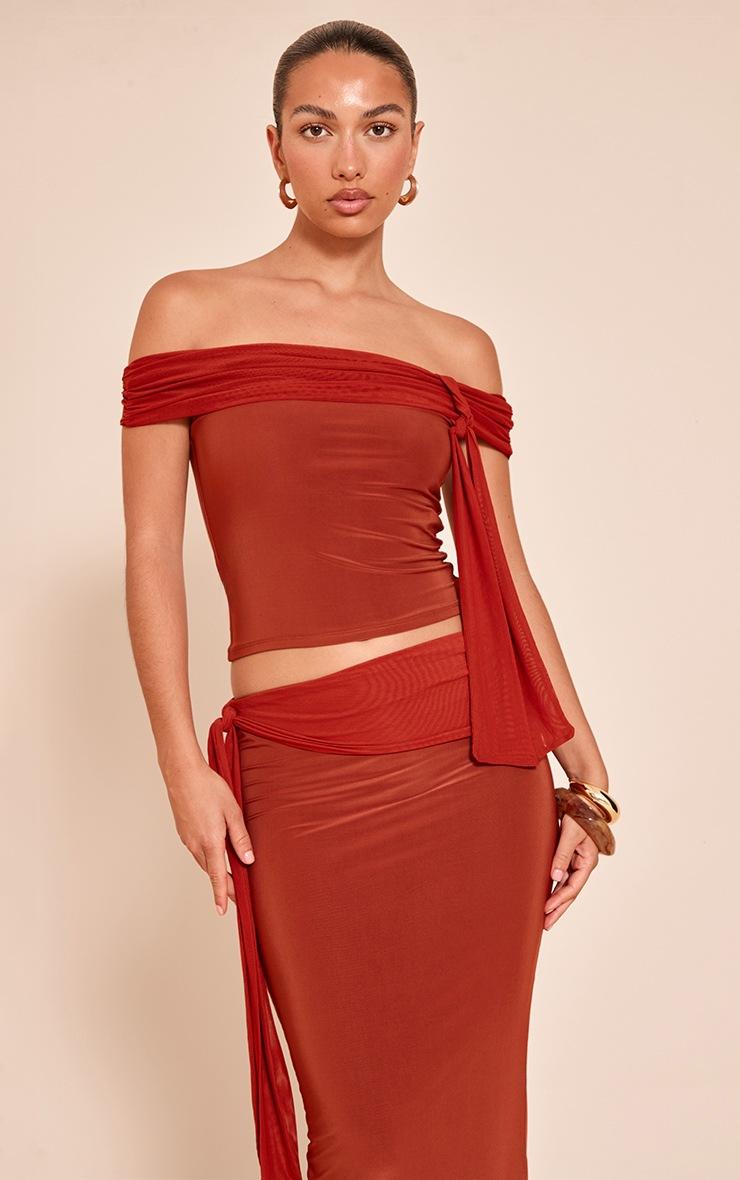 Pretty Little Thing Burnt Orange Double Slinky Knotted Bardot Top