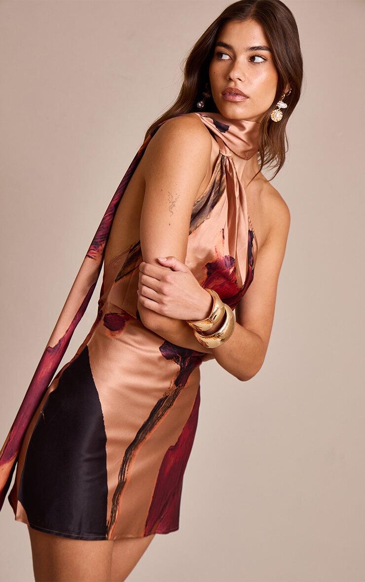 Pretty Little Thing Burnt Orange Floral Printed Satin Mini Dress