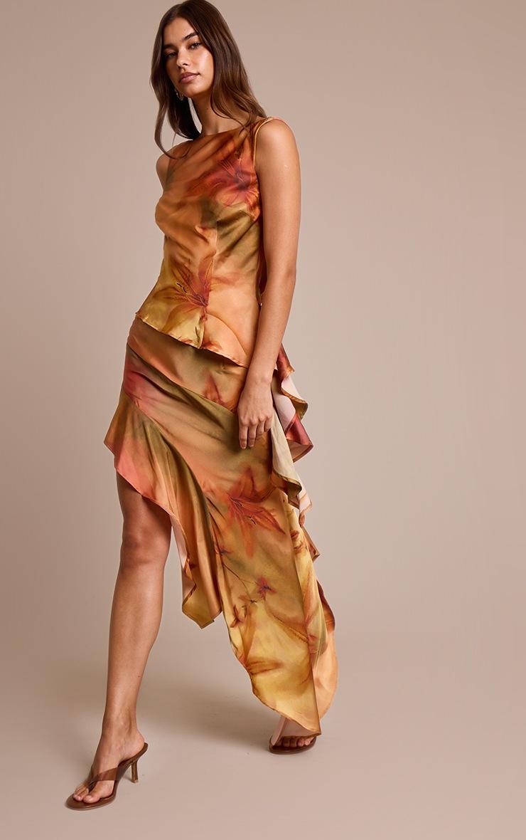 Pretty Little Thing Burnt Orange Printed Satin Asymmetric Ruffle Midi Skirt